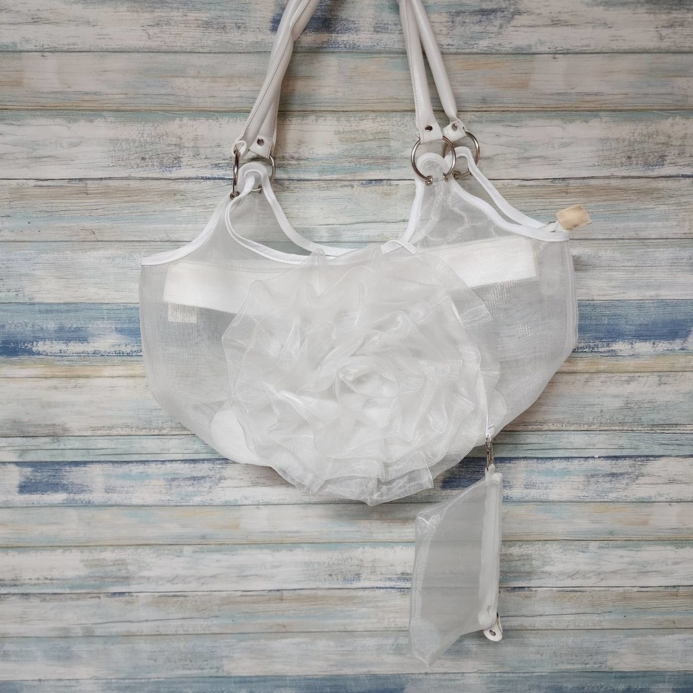 White Sheer Organza Tulle Floral Bride Wedding Bindle Purse Bag New